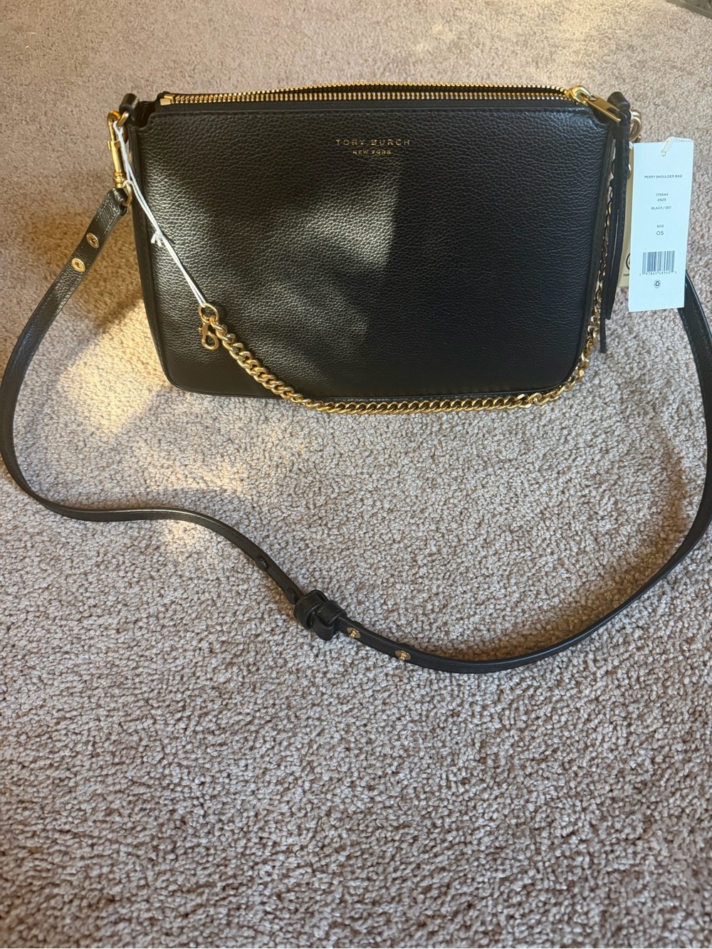 Tory Burch Black Pebbled Leather Crossbody with Gold Chain - Perry shoulder bag
